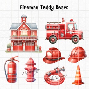 May include: A set of red and white firefighter themed illustrations, including a fire truck, fire station, fire hydrant, fire extinguisher, fireman's hat, and a cone. The illustrations are perfect for a children's party or craft project.