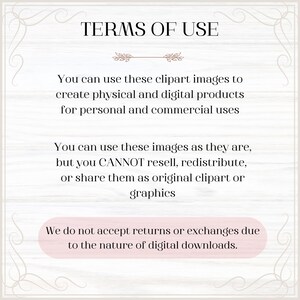 May include: Terms of use for clipart images. You can use these images to create physical and digital products for personal and commercial use. You cannot resell, redistribute, or share them as original clipart or graphics. We do not accept returns or exchanges due to the nature of digital downloads.
