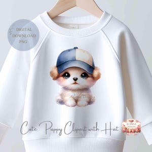 Clipart di un cucciolo carino con cappello, PNG di un cane acquerello per decorazioni e lavoretti per bambini, cameretta per neonati, biglietti di auguri per il compleanno dei bambini, lavoretti a tema animali domestici, arte murale