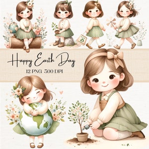 Earth Day aquarel clipart voor kinderen, milieuvriendelijke educatieve kunst, afdrukbare milieu-graphics, milieu-graphics, kinderen clipart