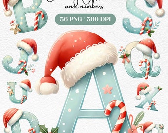 Christmas Watercolor Alphabet and Numbers Clipart, Festive Holiday Letters and Numbers, Perfect for DIY Crafts, Card, Invitations, Holiday