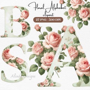Alfabeto floral, imágenes prediseñadas, elegantes letras rosas PNG para álbumes de recortes, invitaciones de boda y manualidades, alta resolución, sublimación PNG