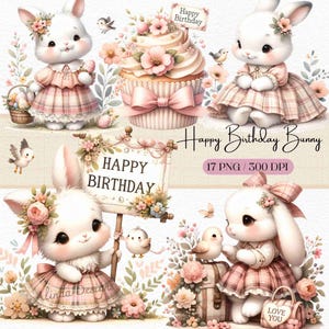 Alles Gute zum Geburtstag Bunny Clipart, niedliche Kaninchen-Party-Grafik, Kinder Geburtstag PNG, druckbare Häschenillustrationen, druckbare Häschenillustrationen