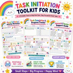Kit de herramientas para iniciar tareas para niños, hojas de trabajo sobre funciones ejecutivas y registro de progreso.