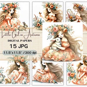 Clipart de niña en otoño, ilustración de niña en otoño, arte infantil de otoño, clipart infantil lindo de temporada, manualidad de papel, diario basura, arte de pared