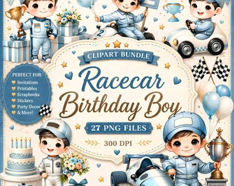 Race Car Birthday Clipart: Blue & White Theme (Digital Download)