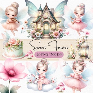 Ensemble de cliparts fée douce, graphismes de fée mignon, art féerique magique, illustrations fantastiques pour le scrapbooking et l'artisanat, fées de jardin, téléchargement
