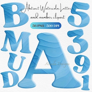 Blaues abstraktes Aquarell Alphabet und Zahl Clipart, modernes PNG Bundle, Sublimation auf Baby Strampelanzug, Grußkarten, Kinderzimmerdekor