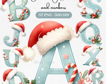 Alfabeto navideño en acuarela: Letras y números festivos (descarga digital PNG)