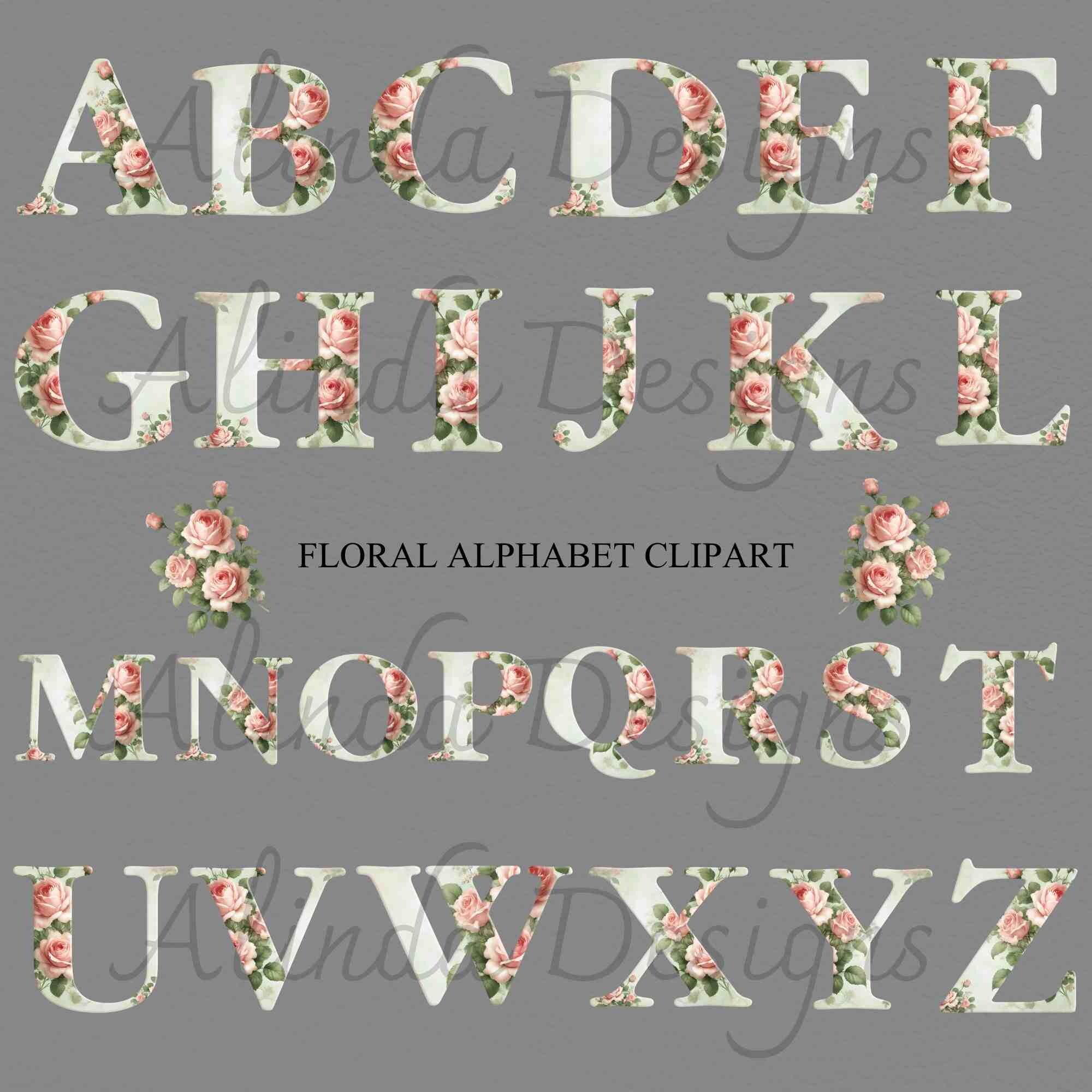 Floral Alphabet Clipart: Rose Letter Pngs for DIY Crafts (digital ...
