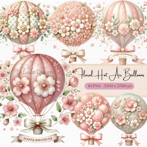 Blumen Heißluftballon Clipart, elegante Aquarell Luftballons mit Blumen & Bändern, 10 PNG für Geburtstag, Einladungen, Baby Shower Decor