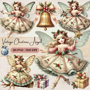Zestaw clipartów Vintage Christmas Angel, Retro Digital Download, Świąteczne wydruki, Antyczne ilustracje aniołów do rękodzieła, Cyfrowe strony dziennika