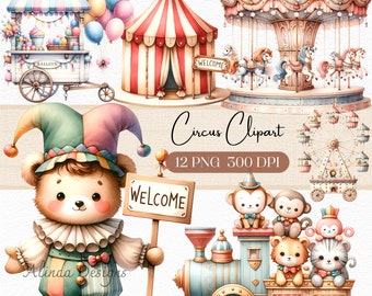 Puede incluir: Un conjunto de 12 imágenes de clipart digital con temática de circo. Las imágenes incluyen un carrusel, una noria, un tren, un oso payaso, monos, un león, un tigre y una carpa. Las imágenes están en estilo acuarela y son perfectas para crear invitaciones, tarjetas y otras manualidades.