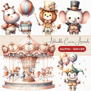 Ensemble de cliparts adorables animaux du cirque, téléchargement numérique sur le thème du cirque mignon, parfait pour les invitations de fête d'enfants, le scrapbooking et plus encore