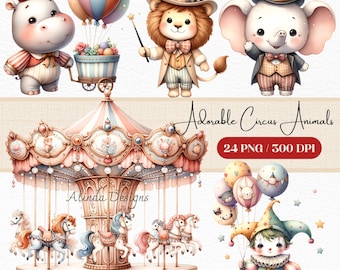 Puede incluir: Un conjunto de 24 ilustraciones digitales de adorables animales de circo, incluyendo un león, un elefante, un hipopótamo y un payaso. Los animales están vestidos con trajes coloridos y sostienen accesorios como un sombrero de copa, una varita mágica y un globo. Las ilustraciones son perfectas para crear invitaciones, decoraciones de fiesta o proyectos de scrapbooking. Las ilustraciones están en formato PNG y tienen una resolución de 300 DPI.