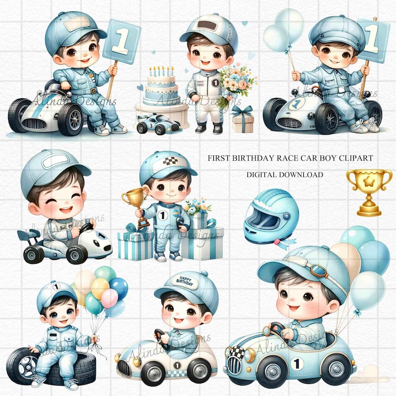 First Birthday Race Car Clipart: Blue Racing Theme (24 Pngs) - Etsy