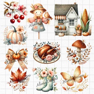 Watercolor Fall Harvest Clipart, Thanksgiving Clipart, Autumn Leaves, Pumpkins and Harvest Elements, DIY Projects, Junk Journal Thanksgiving
