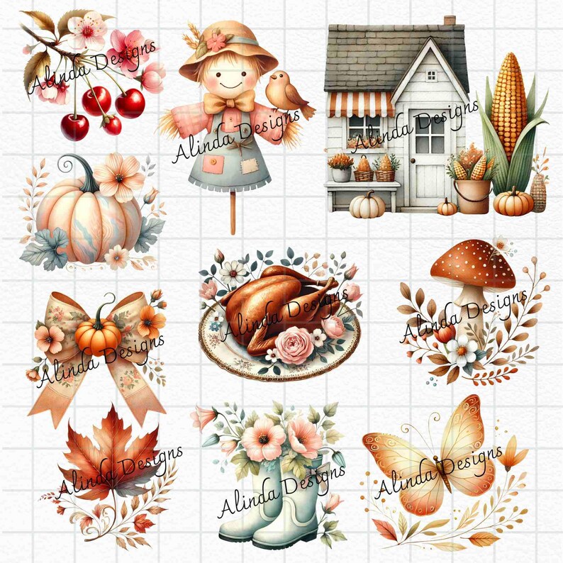 Watercolor Fall Harvest Clipart, Thanksgiving Clipart, Autumn Leaves, Pumpkins and Harvest Elements, DIY Projects, Junk Journal Thanksgiving