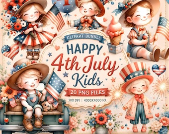 4th of July Kids Clipart PNG, Patriotic Kids Watercolor Bundle, Independence Day Children