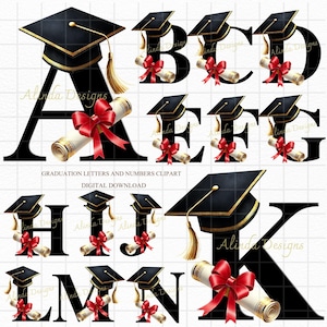Graduation Alphabet Letters & Numbers PNG, Black Cap Diploma Clipart, Class of 2024 Printable, Senior Year Sublimation, Graduation party Decor, Numbers Clipart