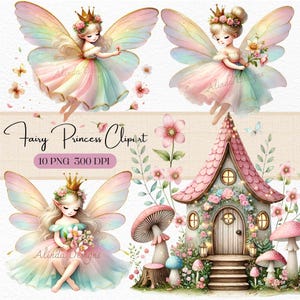 Clipart di principessa fata in formato PNG, casa delle fate pastello e cottage con funghi, sublimazione fantasy, inviti di auguri, scrapbooking, diari fantasy