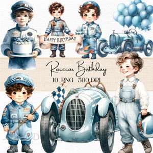 Vintage-Rennwagen-Clipart, digitaler Download für Geburtstagskind, Retro-Rennwagen-Grafik, Kinderpartyzubehör, druckbare Dekoration, Aquarell-Png
