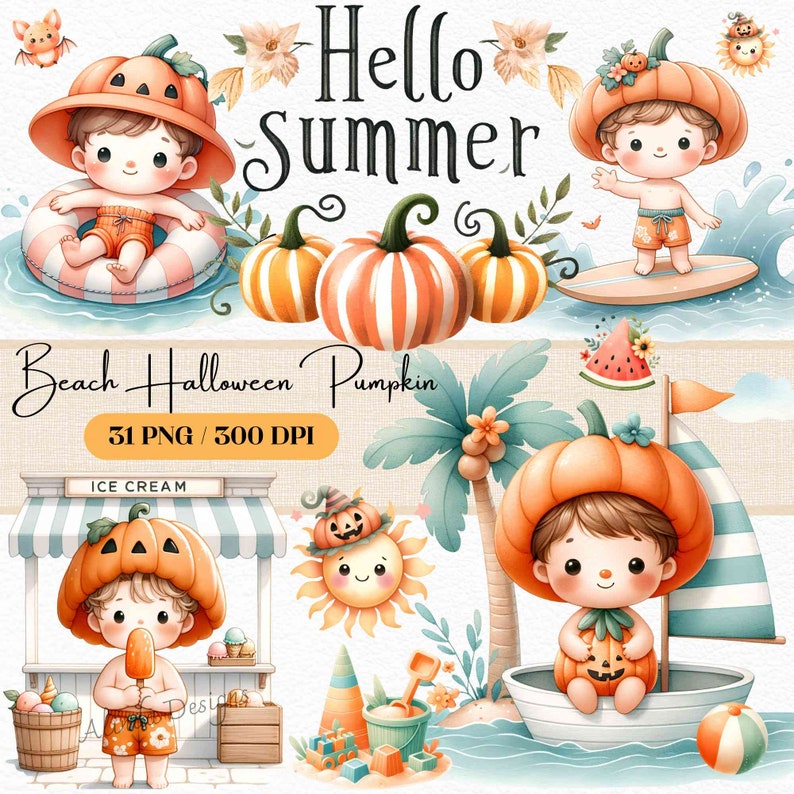 Beach Halloween Pumpkin Clipart: Tropical Coastal Art (PNG Digital Download) image 1