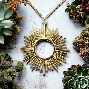 May include: A gold-colored sunburst pendant necklace. The pendant features a circular center with radiating lines, suspended from a delicate chain. The necklace is displayed on a textured surface, surrounded by greenery.