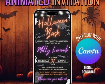 May include: Animated Halloween party invitation with a black background and neon pink and orange text. The text reads "Halloween Bash" and "Molly Lorando". The invitation includes the date, time, and location of the party. The text also says "Self Edit with Canva" and "Digital Download".