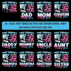 以下が含まれることがあります： 性別発表パーティー用のデジタルファイルセット。バスケットボールのゴール、リボン、「Free Throws or Pink Bows」や「Your Dad Loves You」などのフレーズが特徴です。バンドルには50以上のPNGファイルが含まれています。