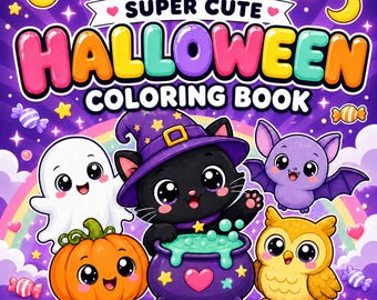 May include: A 30-page Halloween coloring book featuring a black cat in a witch hat, a ghost, a pumpkin, a bat, and an owl. The cover displays the text "SUPER CUTE HALLOWEEN COLORING BOOK" and "A4 PRINTABLE PDF AGES 2-10" against a purple background.
