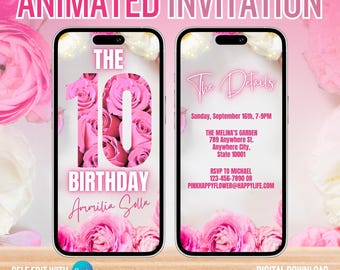 May include: Animated digital invitation for a 10th birthday party. The invitation features a pink and white floral design with the number 10 in the center. The text "The Details" is in pink and white, and the text "The Melina's Garden" is in black. The invitation also includes the date, time, and location of the party, as well as RSVP information.