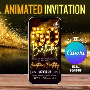 Animated 50th Birthday Invitation Template, 50th Birthday Party Invitation, Self Editable Birthday Party Invitations, Phone Message Evite