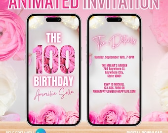 May include: Pink and white animated digital invitation for a 100th birthday party. The invitation features a floral design with the text "The 100 Birthday Armilia Golla" and "The Details" with the date, time, location, and RSVP information.