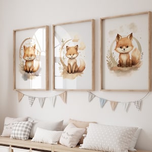 Set of 3 boho Fox wall art, Nursery wall art, Baby Girl Print, Newborn Gift, bedroom wall art, Nursery Kids Printable, Animal Safari Decor