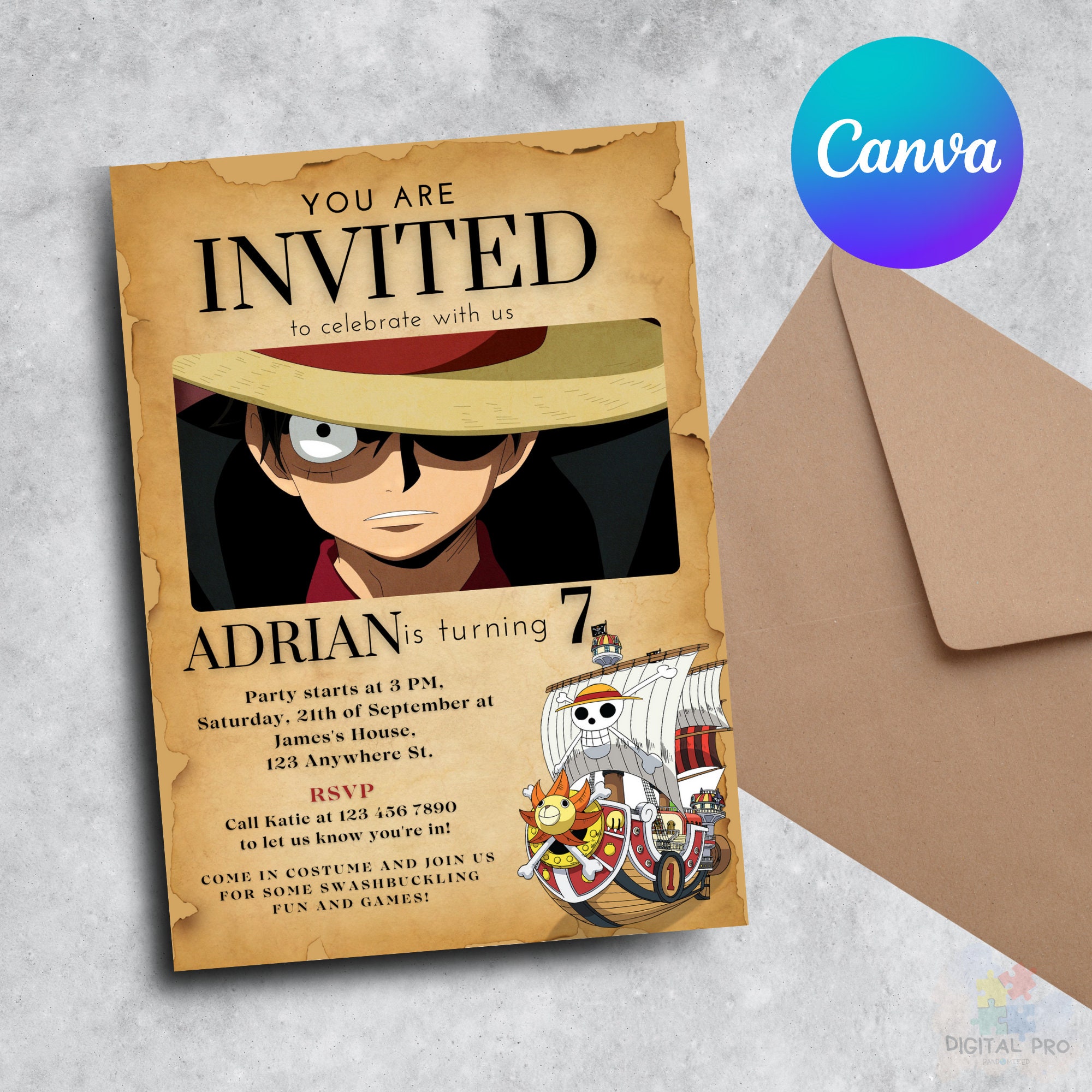 Invitation anniversaire personnalisable - One Piece - CililaCreation