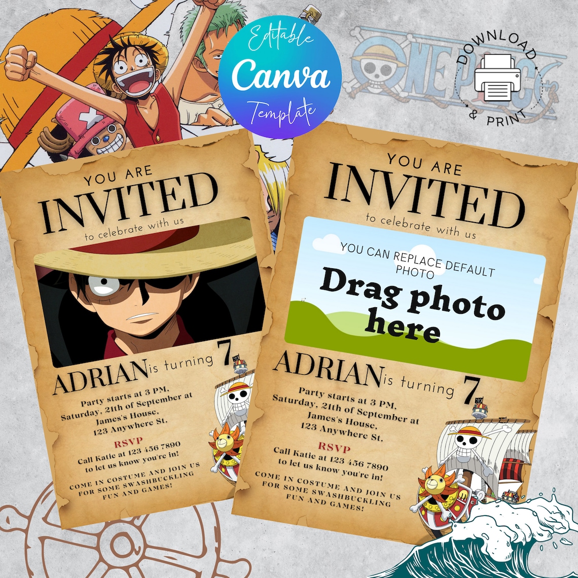 One piece invitation for one piece birthday party invite for luffy
