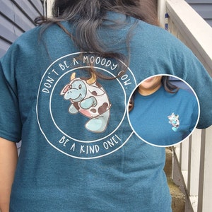 Manatee Sea Cow Beach Coastal Inspired Seaside Tee, Don&#39;t be Mooody Be KIND Shirt, Front Pocket and Back design