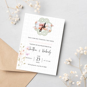 Hmong Pattern and Floral Wedding Invitation | Hu Plig Khi Tes Invite | Digital Canva Template Customizable