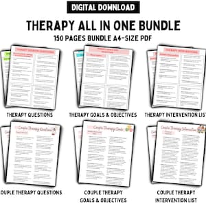May include: A digital download bundle of therapy resources for couples. The bundle includes 150 pages of printable worksheets and exercises, covering topics such as therapy session questions, goals and objectives, and interventions. The pages are organized into three sections: Couple Therapy Questions, Couple Therapy Goals & Objectives, and Couple Therapy Intervention List.