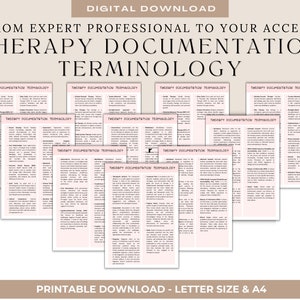 May include: A printable digital download of therapy documentation terminology. The document is divided into sections with headings like "Therapy Documentation Terminology" and "Intake Interview". The document is in a pink and white color scheme.