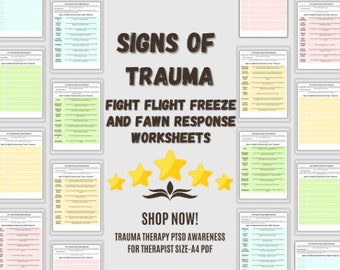 Signs of trauma worksheet, fight flight freeze and fawn response worksheets, therapy worksheets, therapy resources,  awareness for therapist