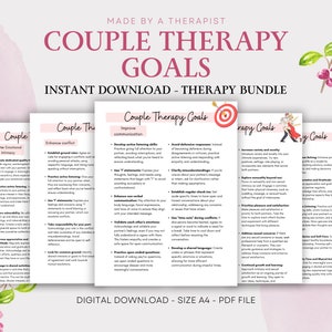 Könnte beinhalten: Ein druckbarer PDF-Download eines Arbeitsblattes für Paartherapieziele. Das Arbeitsblatt ist in vier Abschnitte unterteilt, jeder mit einem anderen Ziel: Förderung emotionaler Intimität, Verbesserung von Konflikten, Verbesserung der Kommunikation und Steigerung von Intimität und Sexualität. Das Arbeitsblatt soll Paaren helfen, ihre Beziehung zu verbessern.