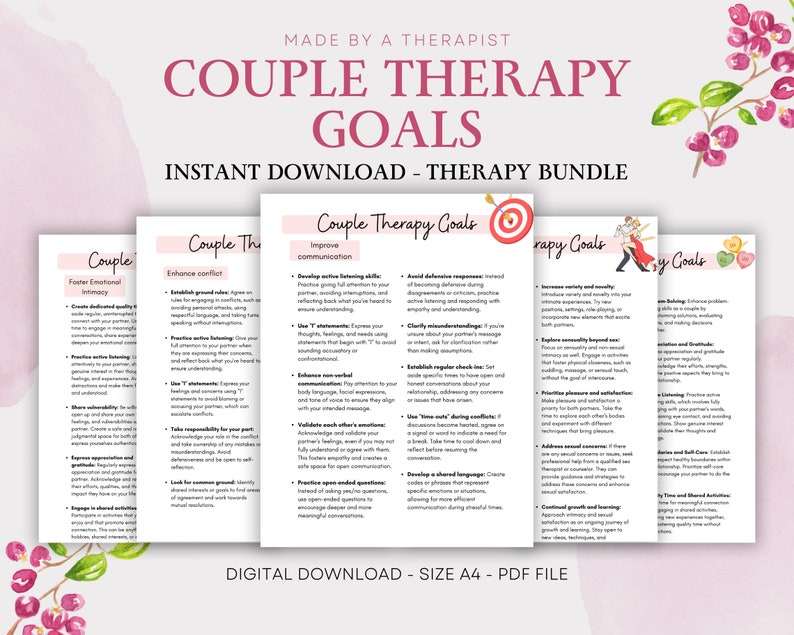 Couples therapy goals, marriage counselling, relationship therapy goals & objectives, couples therapy session notes, therapist cheat sheets image 1