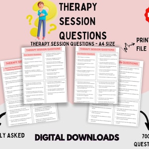 Puede incluir: Una descarga digital de preguntas de sesión de terapia imprimibles. El documento está dividido en secciones para las preguntas de la primera sesión y las preguntas de apertura para las sesiones siguientes. El documento está etiquetado como "Preguntas de sesión de terapia - Tamaño A4".