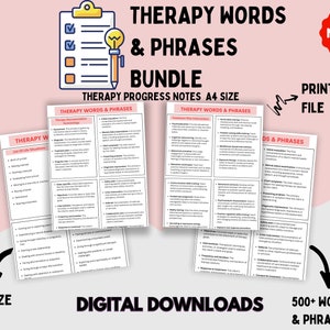Therapy words & phrases bundle, therapy worksheet, therapy notes, therapy documentation, therapist reference tools, clinical terms reference