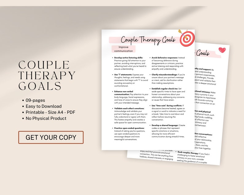 Couples therapy goals, marriage counselling, relationship therapy goals & objectives, couples therapy session notes, therapist cheat sheets image 3