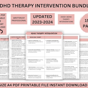 May include: A pink and white printable PDF bundle for ADHD therapy interventions. The bundle includes over 150 pages of worksheets and activities for parents and therapists. The title of the bundle is "ADHD Therapy Intervention Bundle". The bundle is updated for 2023-2024 and includes over 2000 interventions.