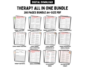 Therapist bundle, therapy intervention, therapy goals, therapy questions, therapy words & phrases, progress notes, clinical cheat sheets pdf