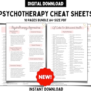 May include: A digital download cheat sheet bundle for psychotherapy approaches. The cheat sheets include information on psychodynamic therapy, existential therapy, gestalt therapy, cognitive behavioural therapy, family systems therapy, and humanistic therapy. The bundle also includes a cheat sheet for CPT codes for behavioural health psychotherapy.